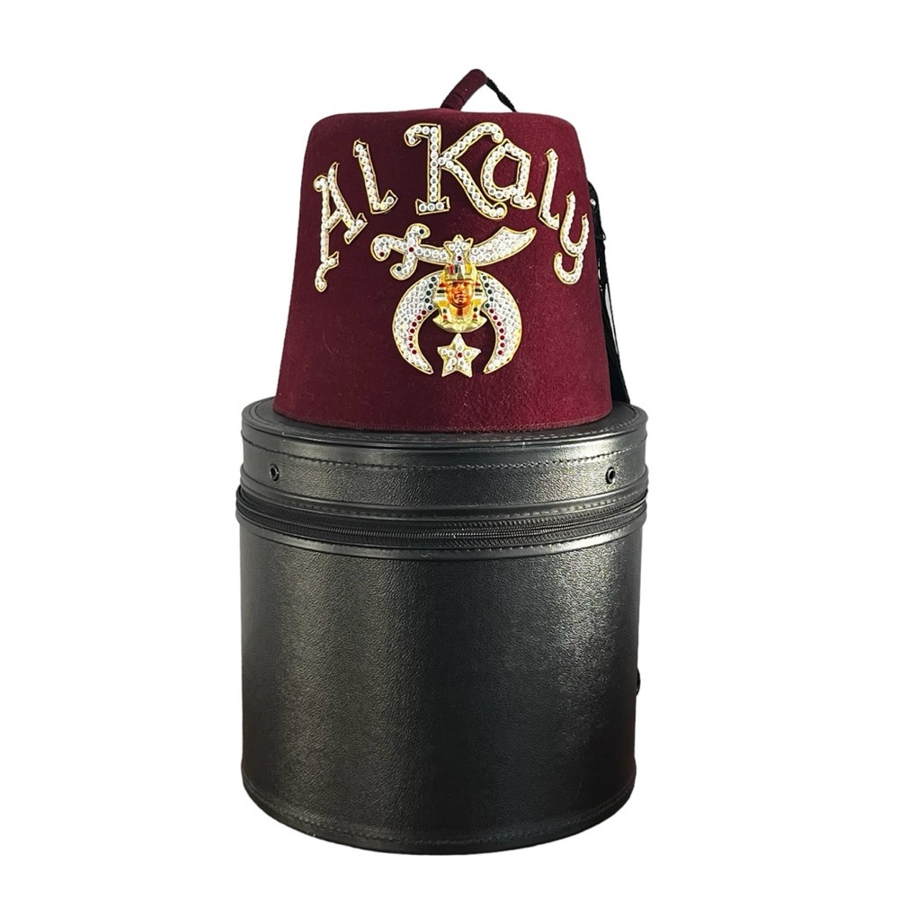 VINTAGE AL KALY SHRINERS FEZ HAT WITH RHINESTONES & SCIMITAR EMBLEM